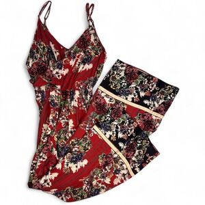 Angie Red Floral Boho Wide Leg Jumpsuit Womens Small Sleeveless V Neck Tie Waist